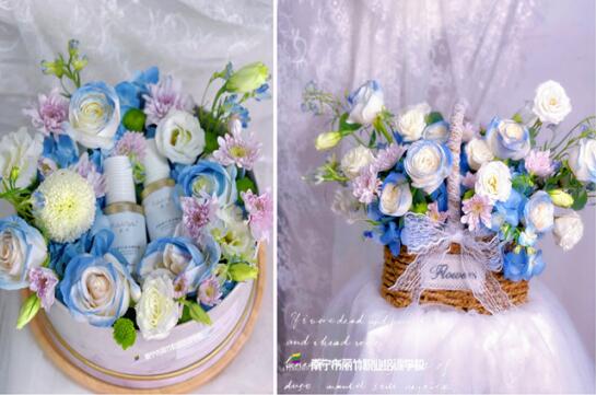 南寧花藝培訓作品：竹編手提花籃+奶油花盒+韓系桌花