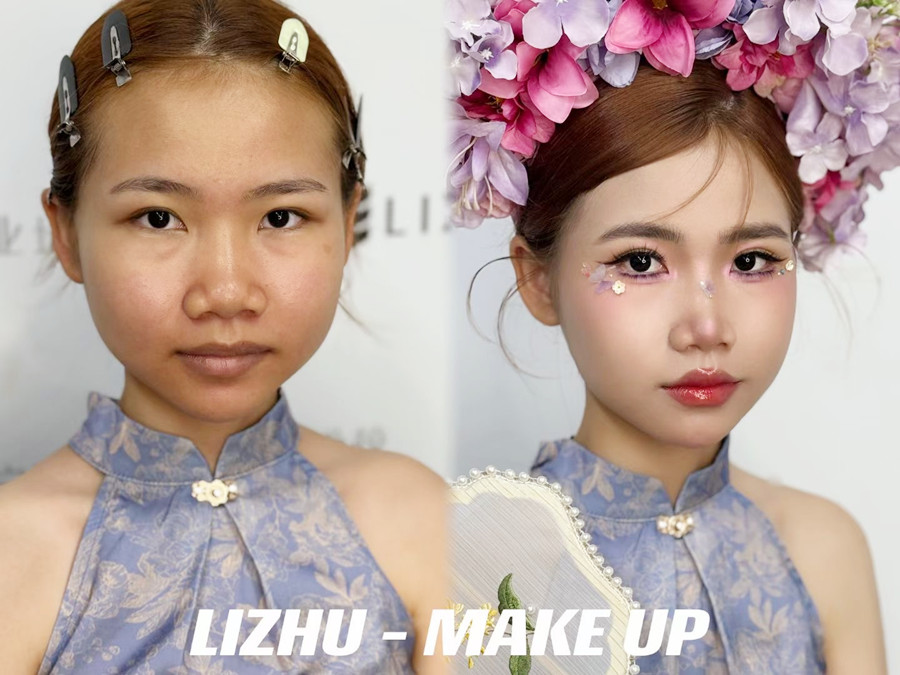 簪花造型課堂實況，廣西美妝課堂作品欣賞