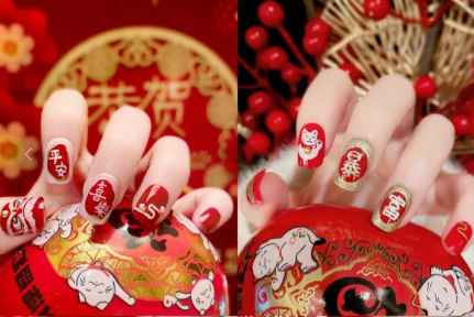 紅色喜慶卡通美甲，廣西美甲師學(xué)校整理