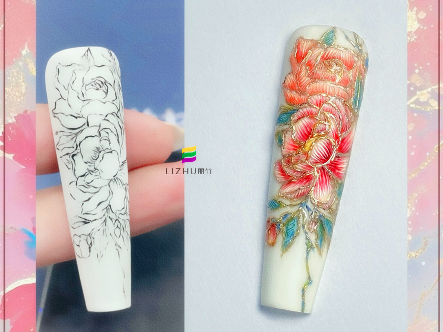 國風刺繡牡丹美甲，廣西美甲設(shè)計學校作品